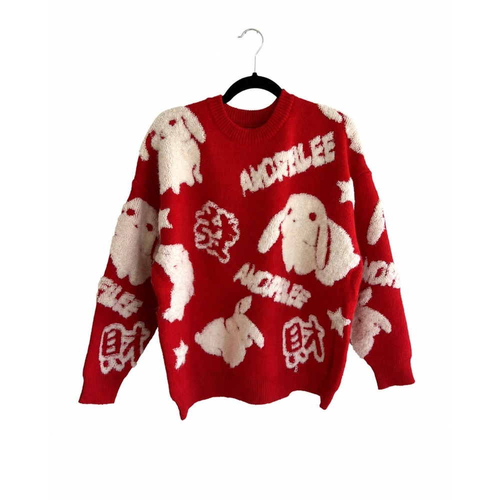 Red Bunny Rabbit Fluffy Knit Sweater Womens L Oversized Kawaii Lunar New Year